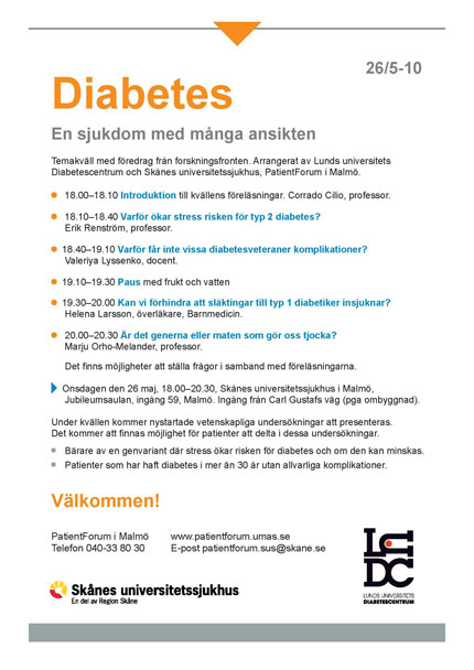 Temakväll om diabetsforskning 26 maj 2010