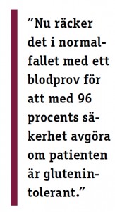 ”nu räcker det i normal-fallet med ett blodprov för att med 96 procents sä-kerhet avgöra om patienten är glutenintolerant.”