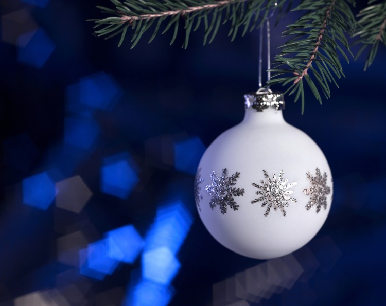 Christmas bauble hanging on fir branch in dark blurry back