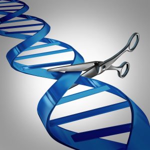 Gene editing health care concept as molecular scissors cutting a dna strand as a medical science and biology technology symbol for changing genetic material to help cure disease.