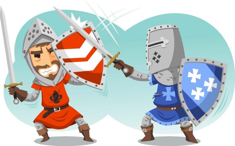 tecknad illustration av medeltidsriddare som slåss med svär