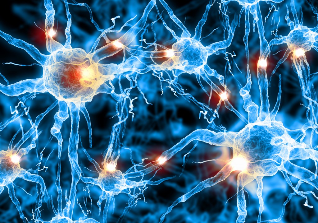 färglagd illustration i blått av nervceller. ljuspunkter i nervtrådarna illustrerar kommunikation