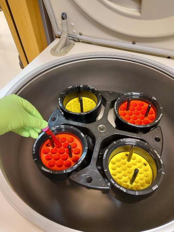 På bilden ses en centrifug med öppet lock. Man ser en rotor med olikfärgade hållare, gula och orangea, för provrör.