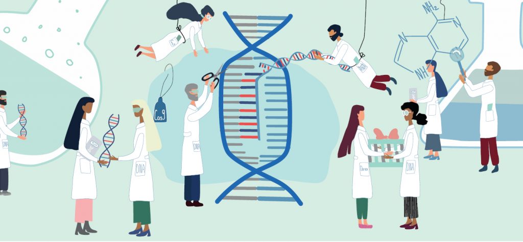 Bilden är en tecknad illustration av forskare klädda i vita labbrockar och som samtliga på ett eller annat sätt gör något med en DNA-spiralt