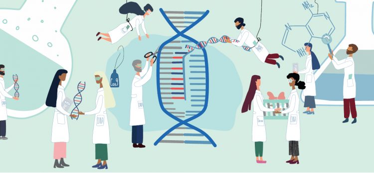 Bilden är en tecknad illustration av forskare klädda i vita labbrockar och som samtliga på ett eller annat sätt gör något med en DNA-spiralt 