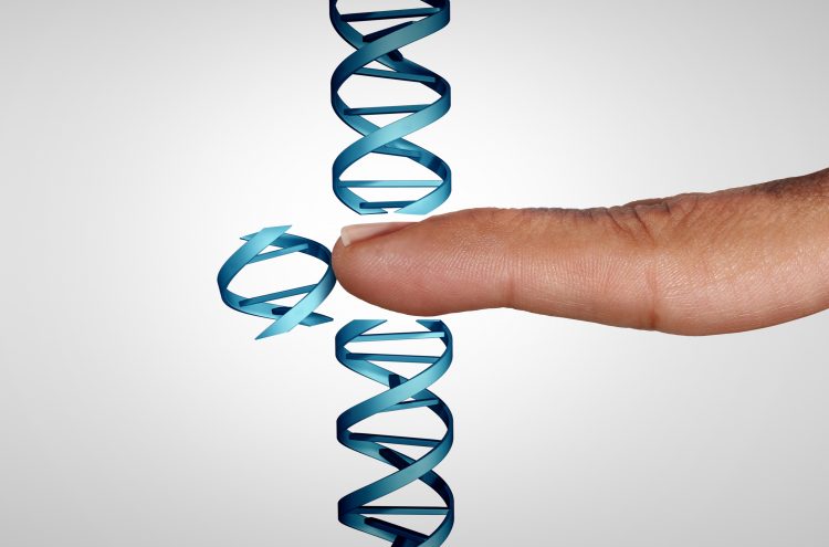 Bilden är en illustration av en lodrät DNA-spiral och ett finger som petar ut en bit av DNA:t bilden ska illustrera genterapi, ett tänkt byte av en skadad bit DNA som tas bort och senare kask ersätts med en fungerande bit