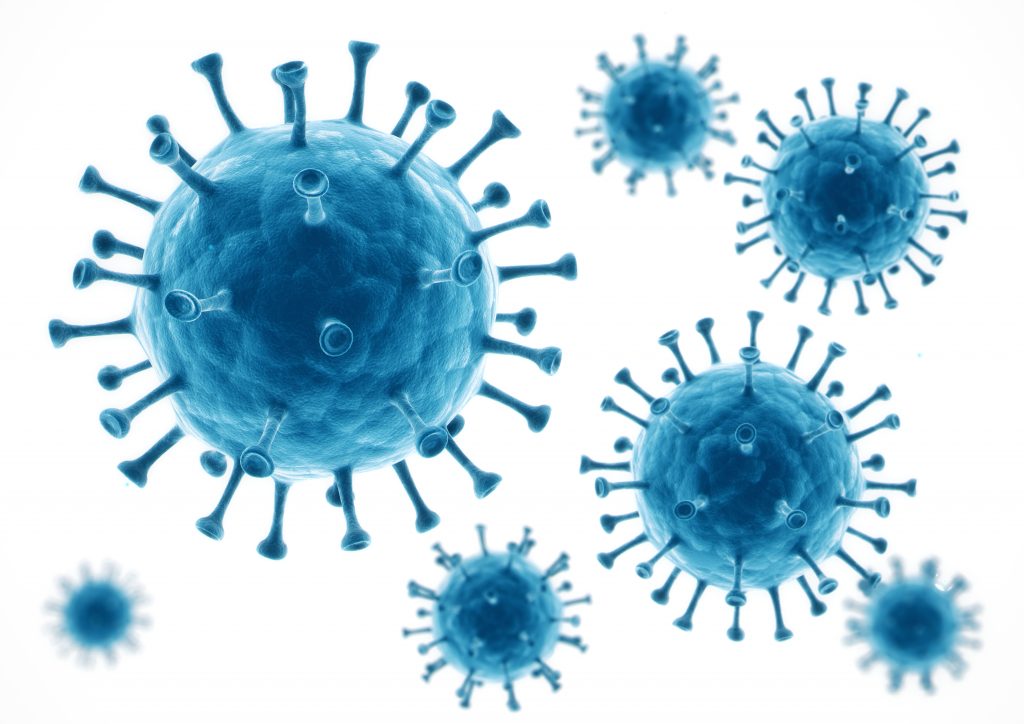 bilden är en illustration av virus som visas som blå bollar från vars yta det sticker ut piggar. Varje pigg har en liten klubba ytterst. På bilden ses en stor och sex mindre virusmolekyler