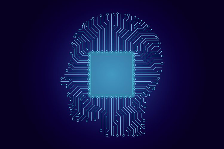 bilden är en tolkning av artificiell intelligens. Mans er ett stiliserat huvud från sidan där hjärnan utgörs av ett mikrochip