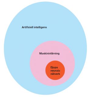 Illustrationen består av tre bollar. En stor blå som representerar artificiell intelligens. I den ligger en mindre rosa boll som representerar maskininlärningen. I denna ligger en ännu mindre boll som representerar djupa neurala nätverk