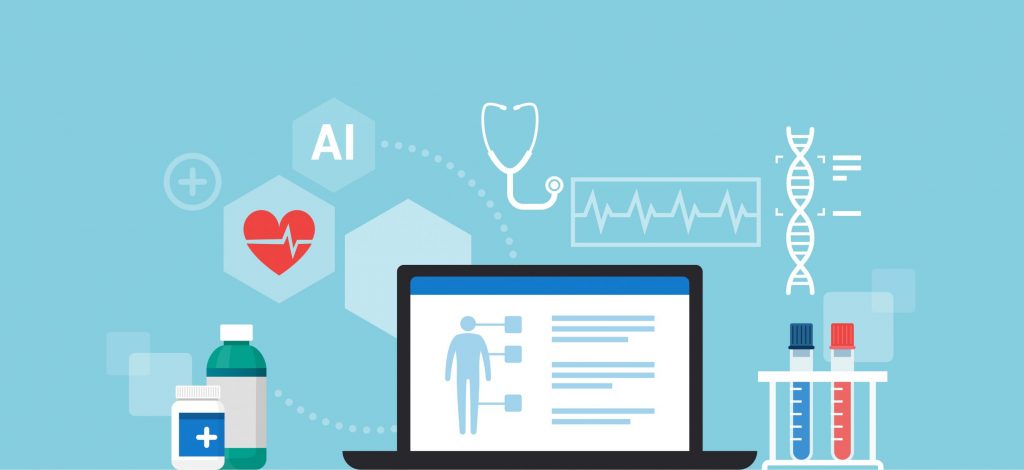 Illustration av vad AI kan göra inom sjukvården. I förgrunden en dator bakom den illustrationer av hjärta, mediciner, provrör, stetoskop, DNA-spiral och ordet AI