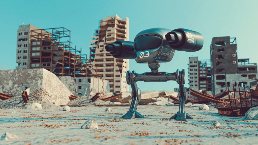 bilden illustrerar en framtida apokalyps. I bakgrunden ses ruinen av ett flervåningshus och i förgrunden en krigisk robot.