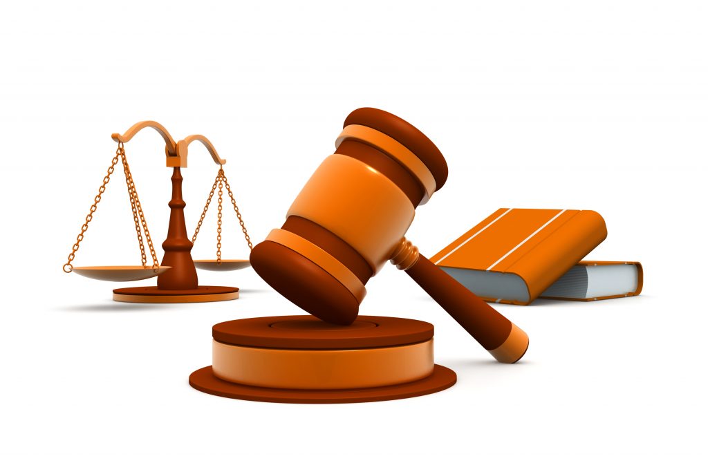 illustration av juridiska redskapen balansvåg, domarklubba och lagbok