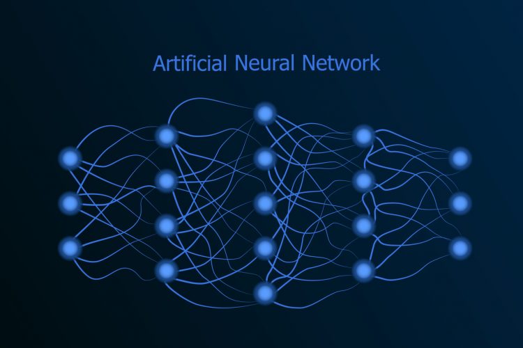 ljusblå prickar mot en mörkblå bakgrund ordnade i rader och där prickarna är sammankopplade med tunna ljusblå linjer. Övers i bilden finns texten: Artificial Neural Network