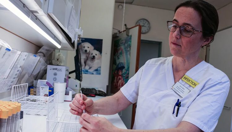 Mörkhårig medelålders kvinna med glasögon, klädd i vitkortärmad sjukhusskjorta, sitter vid en labbänk. Framför henne står flera provrörsställ, en del tomma, andra fyllda med provrör. Det ser ut som att hon håller på att föra ner en pinne i ett provrör.