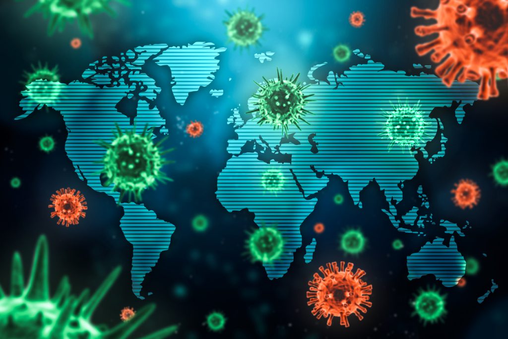 Illustration av världskarta med spridda virus över hela världen