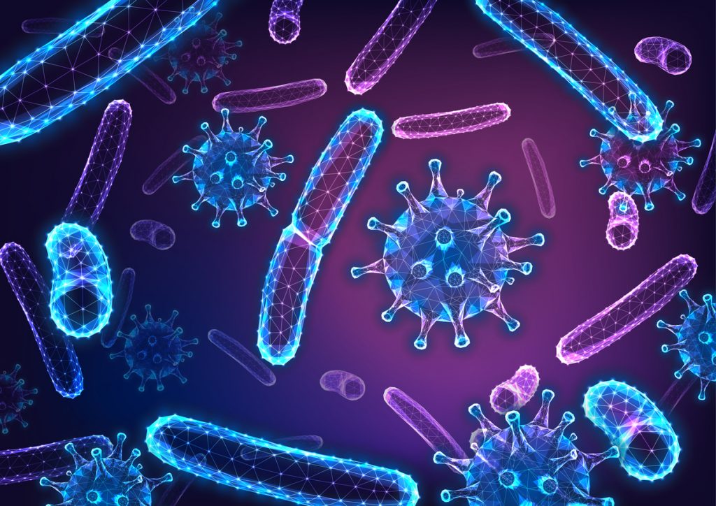 Illustration av olika sorters bakterier och virus mot blå bakgrund