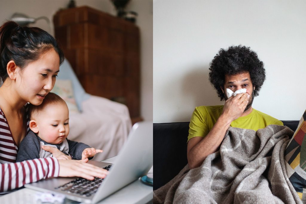 Bild på mamma som jobbar vid skärm med bebis i knät och bild på sjuk man som snyter sig.