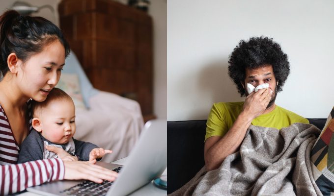 Bild på mamma som jobbar vid skärm med bebis i knät och bild på sjuk man som snyter sig.